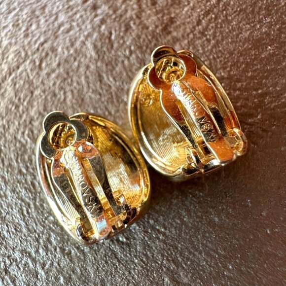 Vintage Swarovski Gold-Tone Clip-On Earrings Blue Clear Crystals Huggie Hoop - Picture 3 of 9